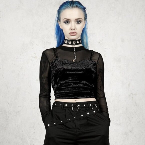 DISTURBIA mesh sleeve velvet crop top US size 6 - Picture 1 of 8